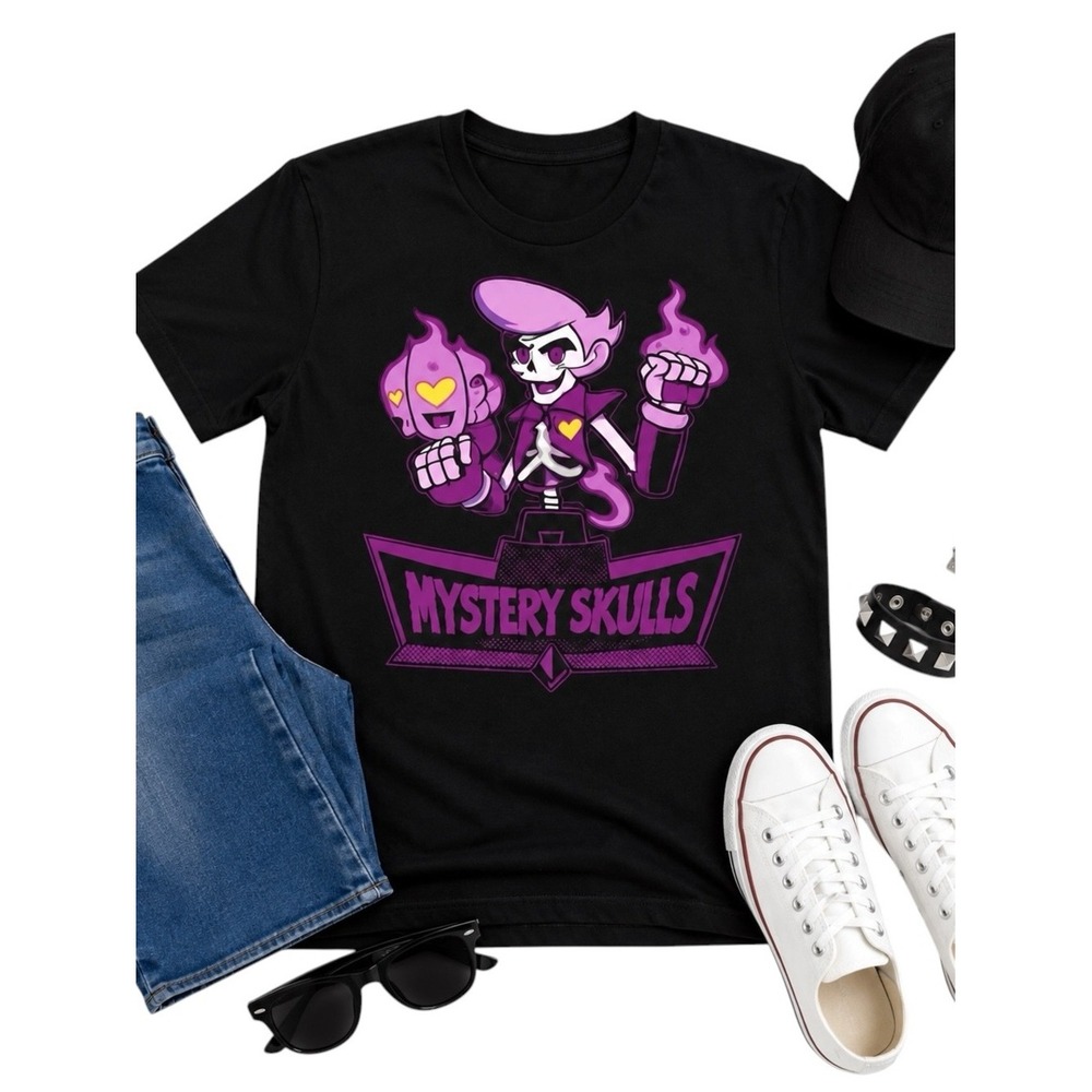 Mystery Skulls Purple Graphic Band Tee Black Cotton Shirt M Streetwear Music GUC - Picture 1 of 16